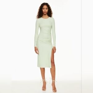 Aritzia Wilfred Ruched Midi Dress in Light Birch colour